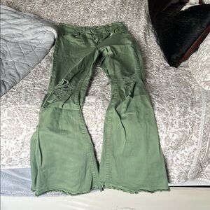 Green Distressed Flare Jeans